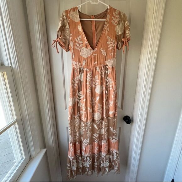 For Love & Lemons Mia Floral Embroidered Sheer Mesh Peach Maxi Dress XS - Picture 1 of 7